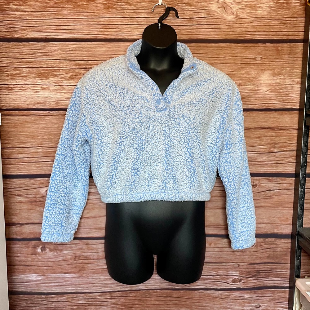 Oversized Cropped Teddy Sweater M PACSUN Pullover Long Sleeve Light Blue Soft